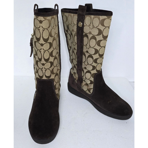 COACH Tullip Boots Suede Signature C canvas Brown/Beige size 8 1/2 B A7746 - Picture 2 of 11
